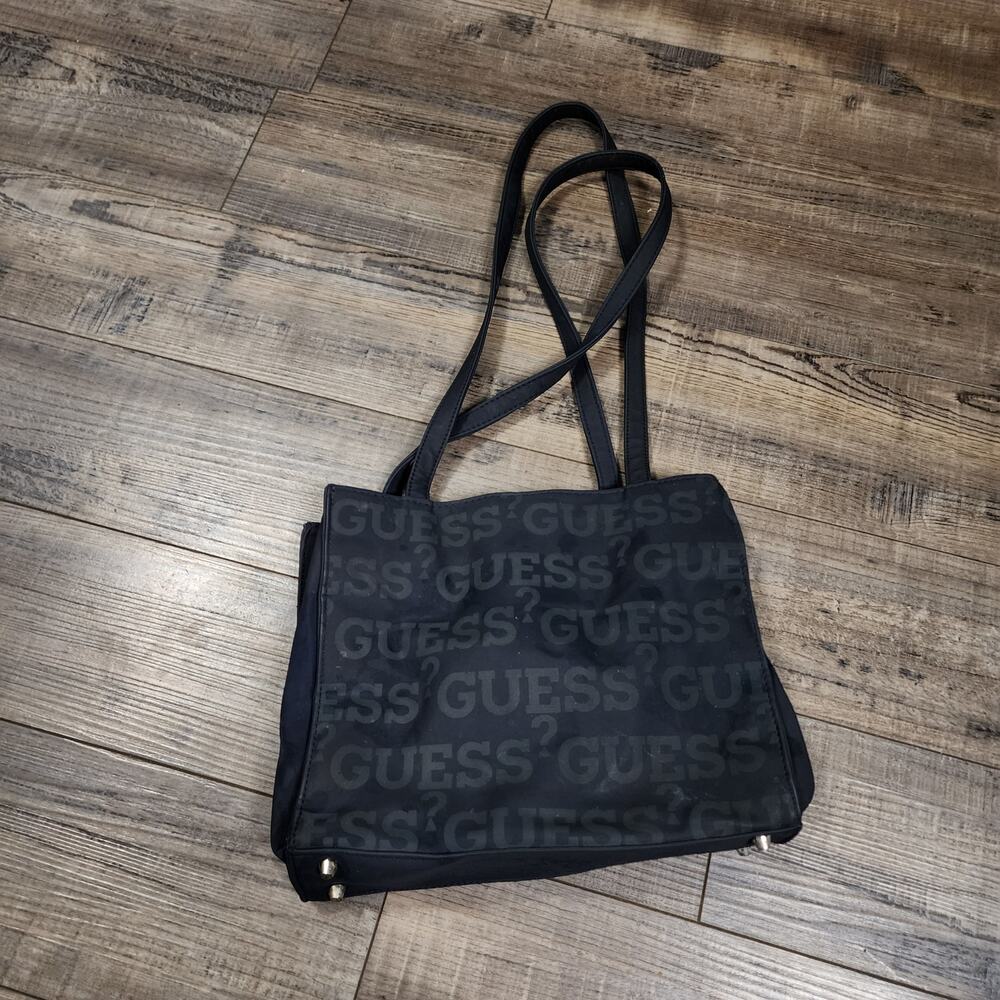Guess purse black on black vinyl top handle handbag 4a